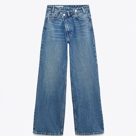Zara The High Waist Crossover Waist Wide Leg Full Length Jeans 4 - Picture 7 of 16